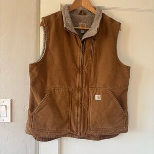 Womens Carhartt Brown Duck Canvas Sherpa Lined Vest Size Large